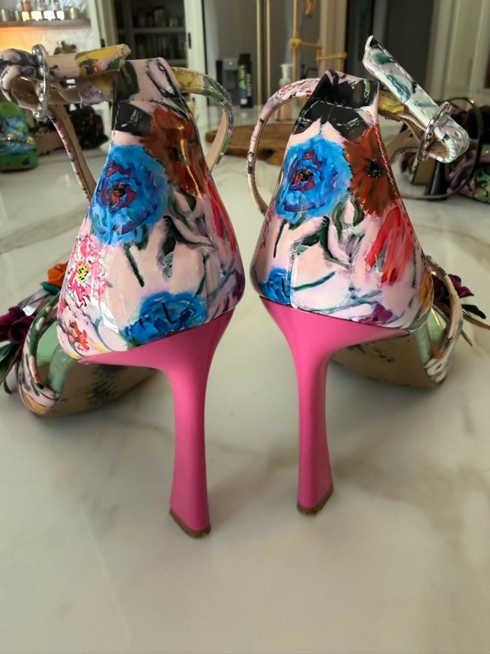 Betsey Johnson Metallic Green Floral Appliqué Strappy Heels - Picture 3 of 4